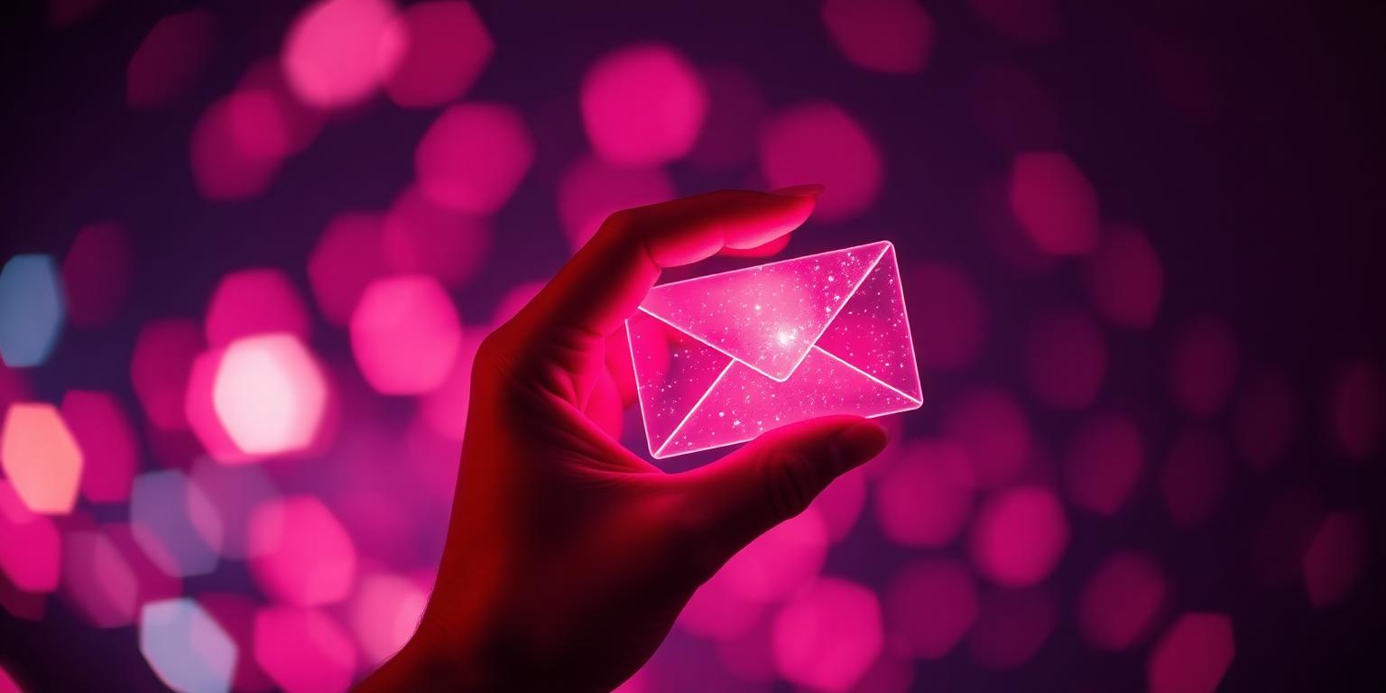 A hand holding a glowing translucent message envelope made of light particles