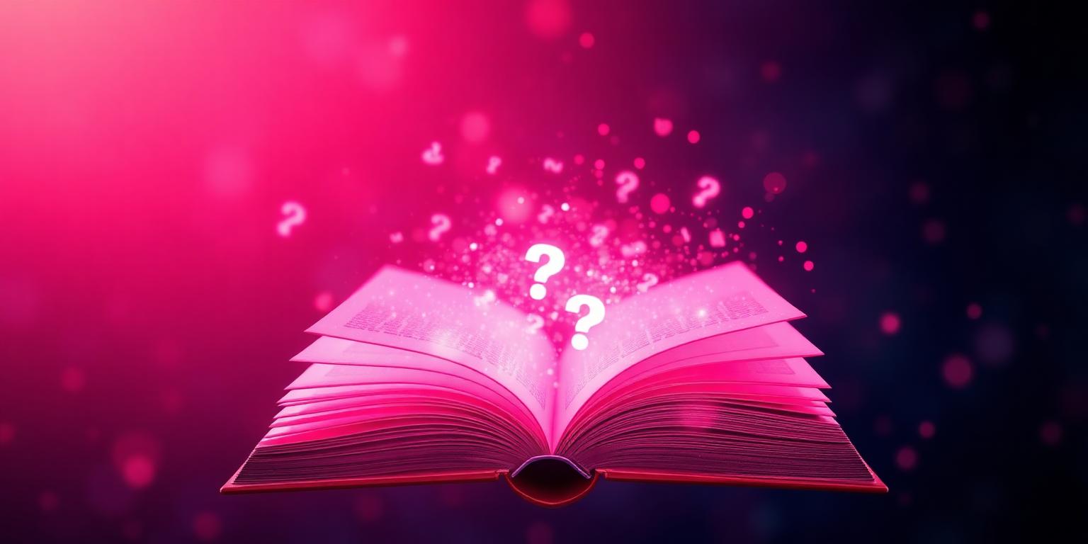 A glowing open book with question mark glyphs dissolving into petals of light