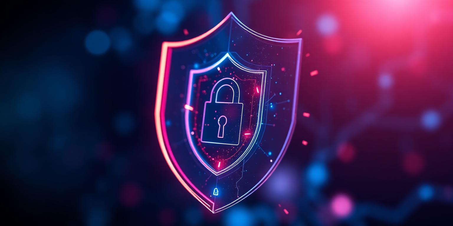 A glowing translucent shield emblem with a padlock made of light over circuit traces